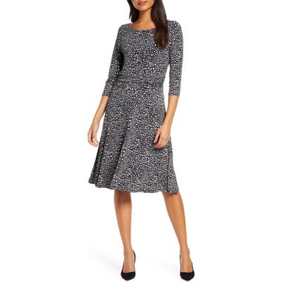 Leota Ilana Leopard Print Ruched Waist A-Line Dress, Grey