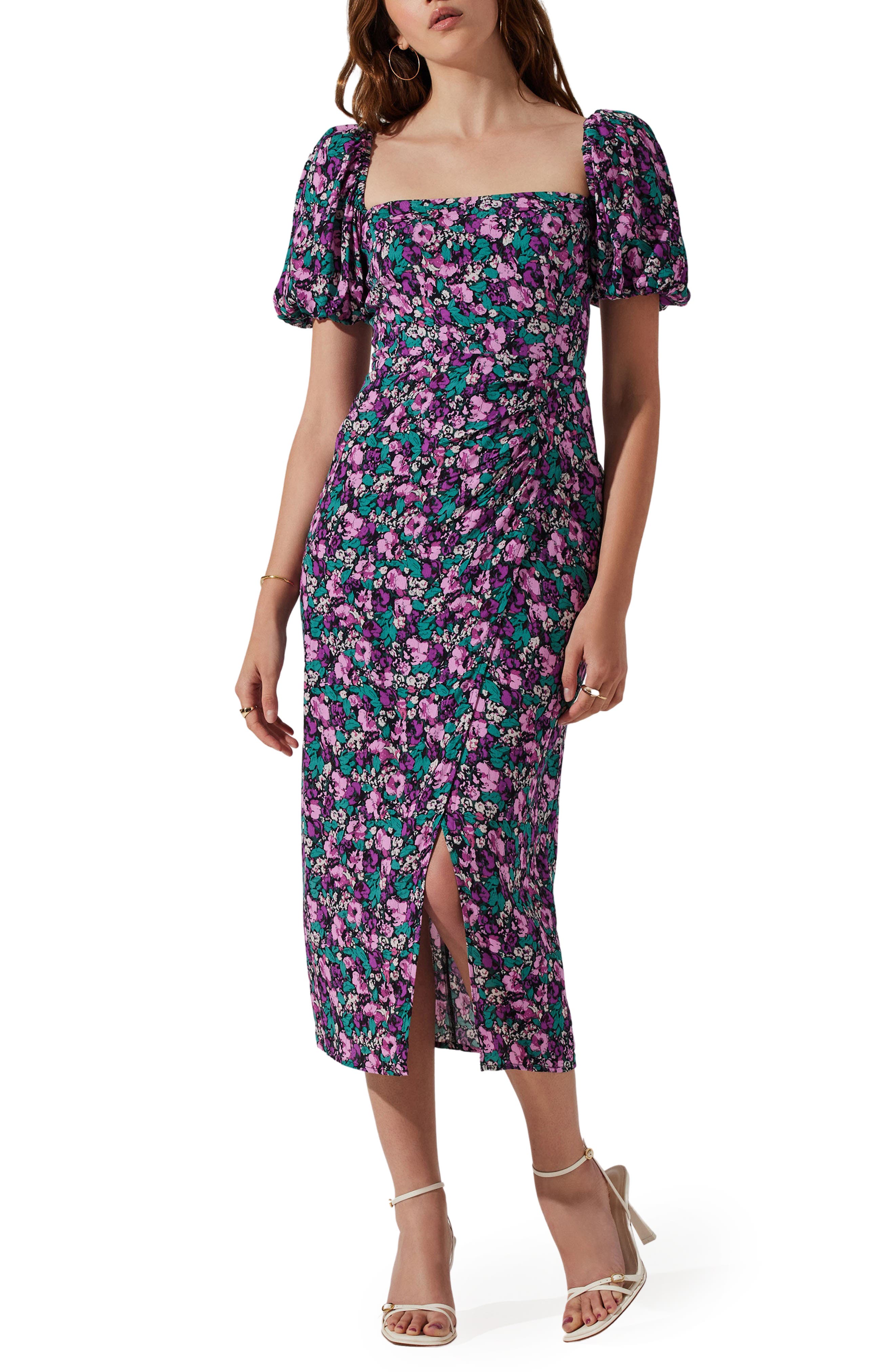 ASTR the Label Puff Sleeve Front Slit Midi Dress in Teal Purple Multi  Floral | Smart Closet