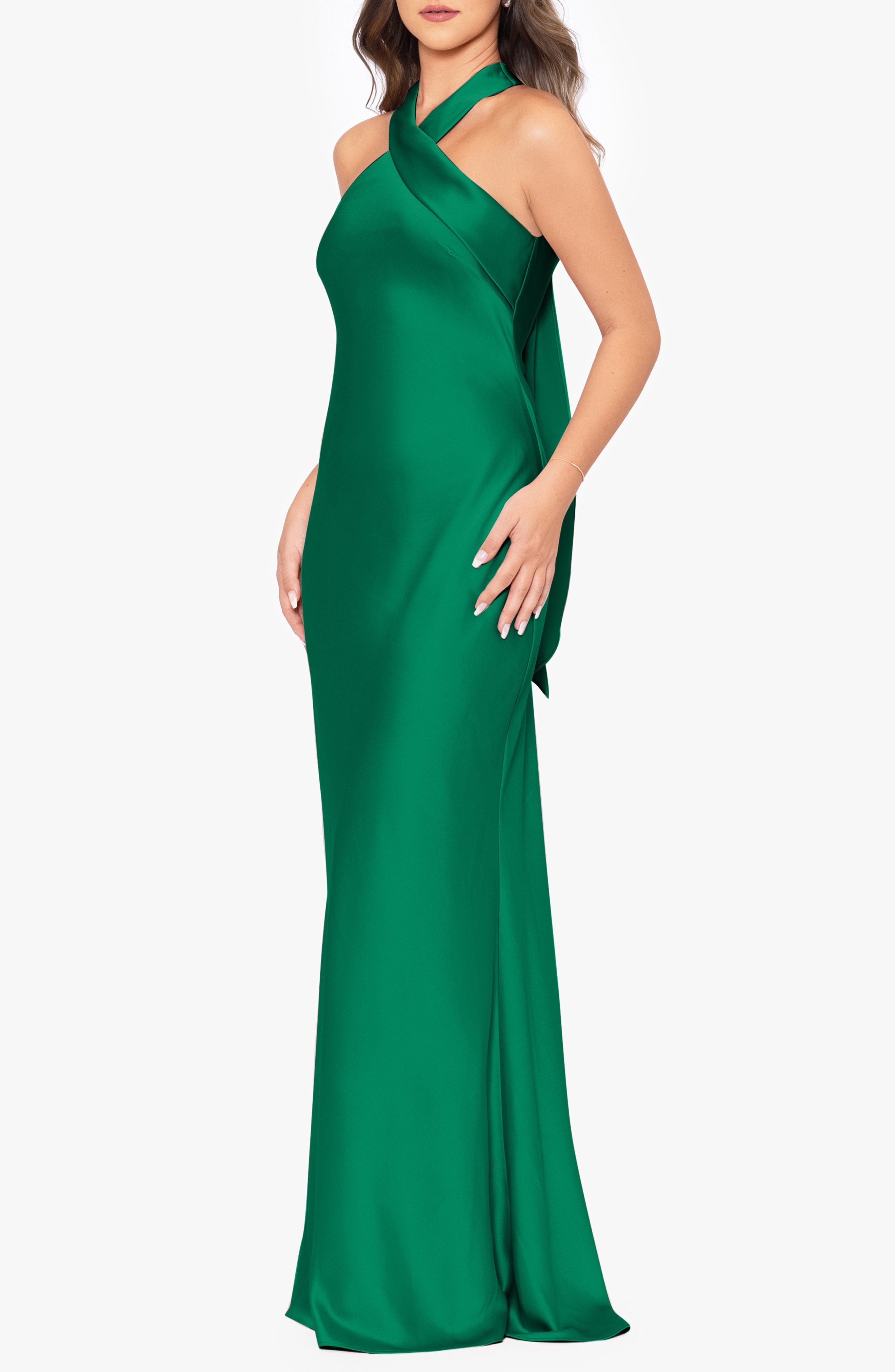 Xscape Evenings Halter Neck Satin Trumpet Gown In Emerald | ModeSens