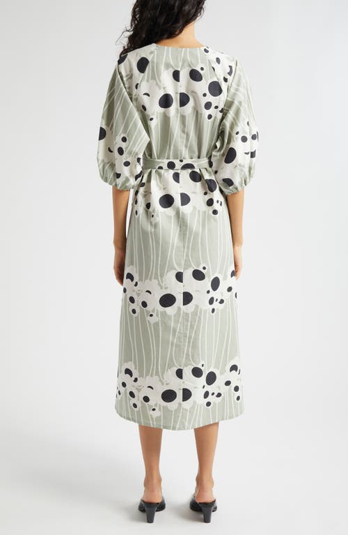 Shop Marimekko Aiva Lammet Belted Midi Dress In Greyish Green White Dk Grey