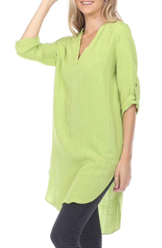 Rain And Rose Notched Neck Tunic Blouse In Green
