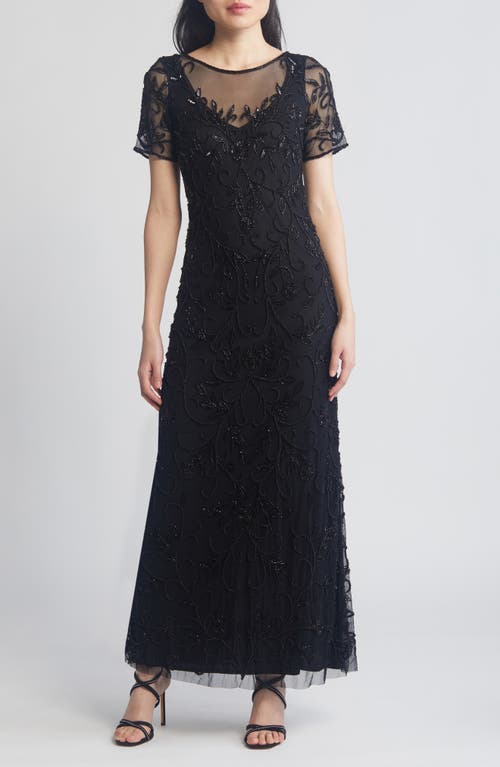 Floral Beaded Short Sleeve A-Line Gown in Black