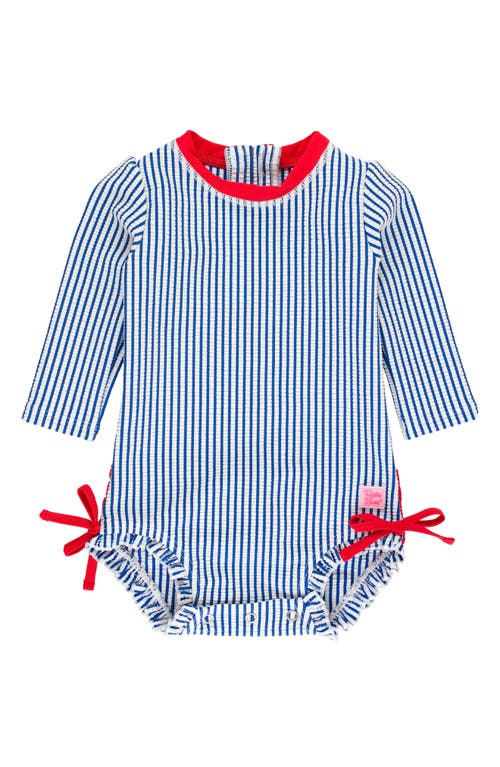 Rufflebutts Babies'  Seersucker Long Sleeve One-piece Swimsuit In Blue Seersucker