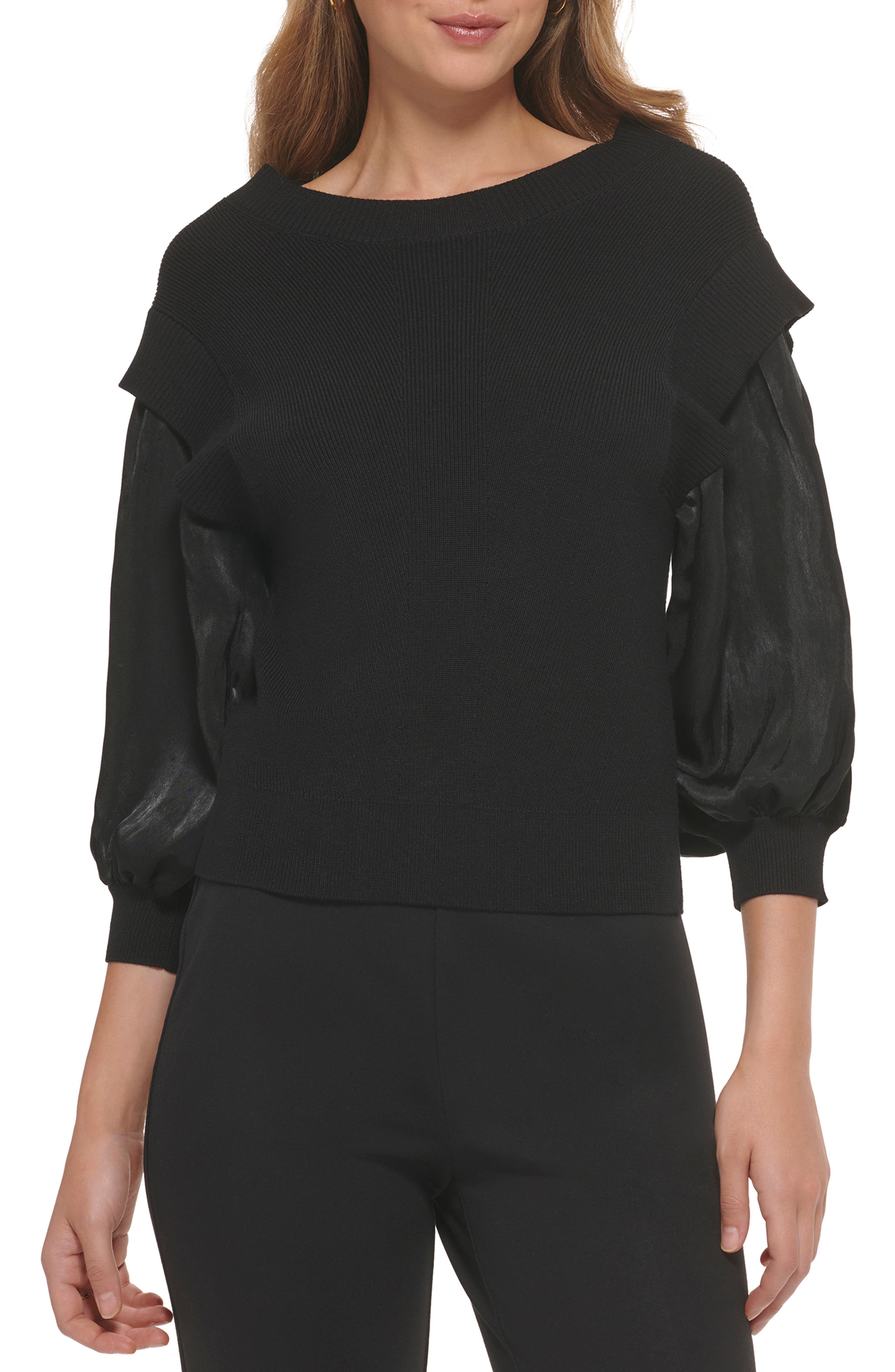 DKNY Mixed Media Blouson Sleeve Rib 