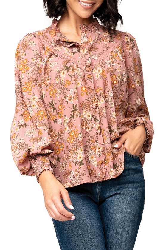 Gibsonlook Long Sleeve Crochet Trim Blouse In Mauve Fall Floral