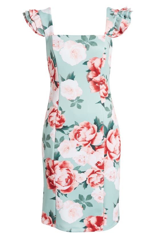 Donna Ricco Floral Ruffle Sleeve Sheath Dress In Mint Multi