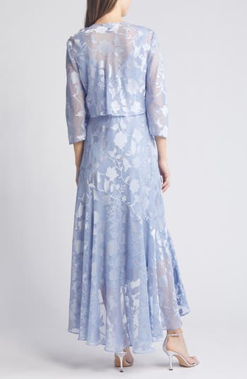 Metallic Floral High Low Chiffon Jacquard Midi Dress with Jacket