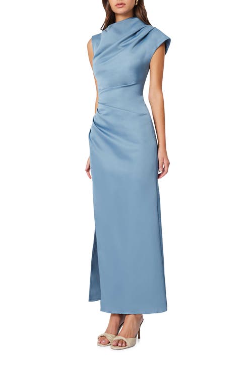 Shop Elliatt Coralie Asymmetric Neck Ruched Satin Gown In Steel Blue