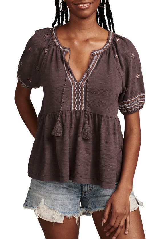 Shop Lucky Brand Easy Embroidered Cotton Babydoll Top In Raven