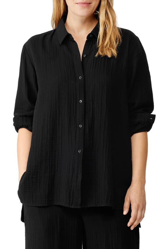 Eileen Fisher Easy Classic Organic Cotton Button-up Shirt In Black