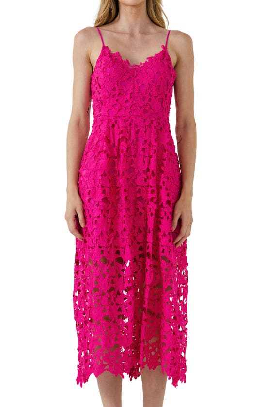 Shop Endless Rose Lace Spaghetti Strap Midi Dress In Fuchsia