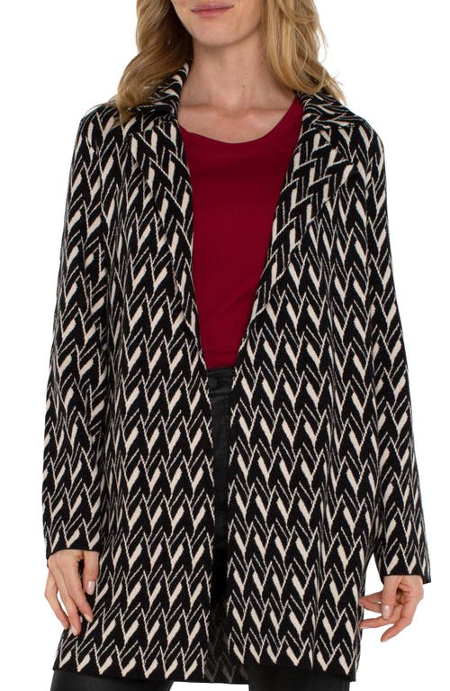 Liverpool Open Front Long Sweater In Black/ Cream Chevron