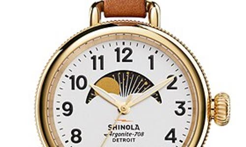 SHINOLA SHINOLA THE BIRDY MOON PHASE LEATHER STRAP WATCH, 34MM