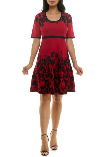 Nina Leonard Elbow Sleeve Fit & Flare Sweater Dress In Red/black