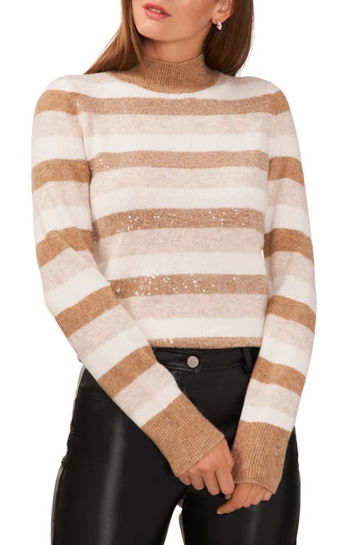 halogen(r) Sequin Stripe Mock Neck Sweater in Beige/Gold