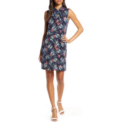 Leota Palm Print Tie Neck Shift Dress, Blue
