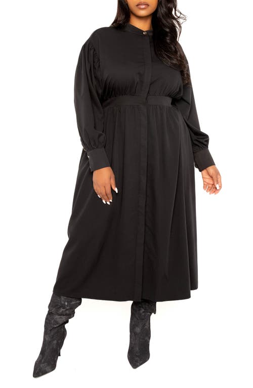 Back Waist Cutout Long Sleeve Midi Shirtdress in Black