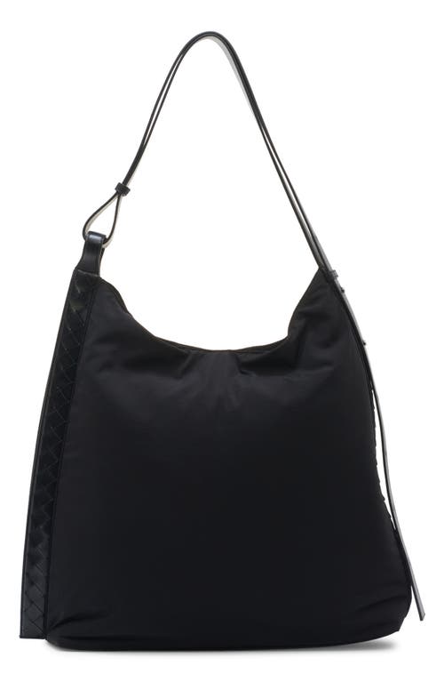 Shop Bottega Veneta Large Nylon Hobo Bag In 8803 Black/silver