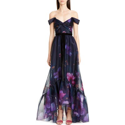 Marchesa Notte Off The Shoulder Floral Organza Gown, Blue