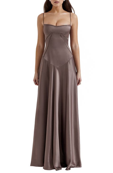 Sexy Side Split Bronze Satin Corset Semi-Formal Gown