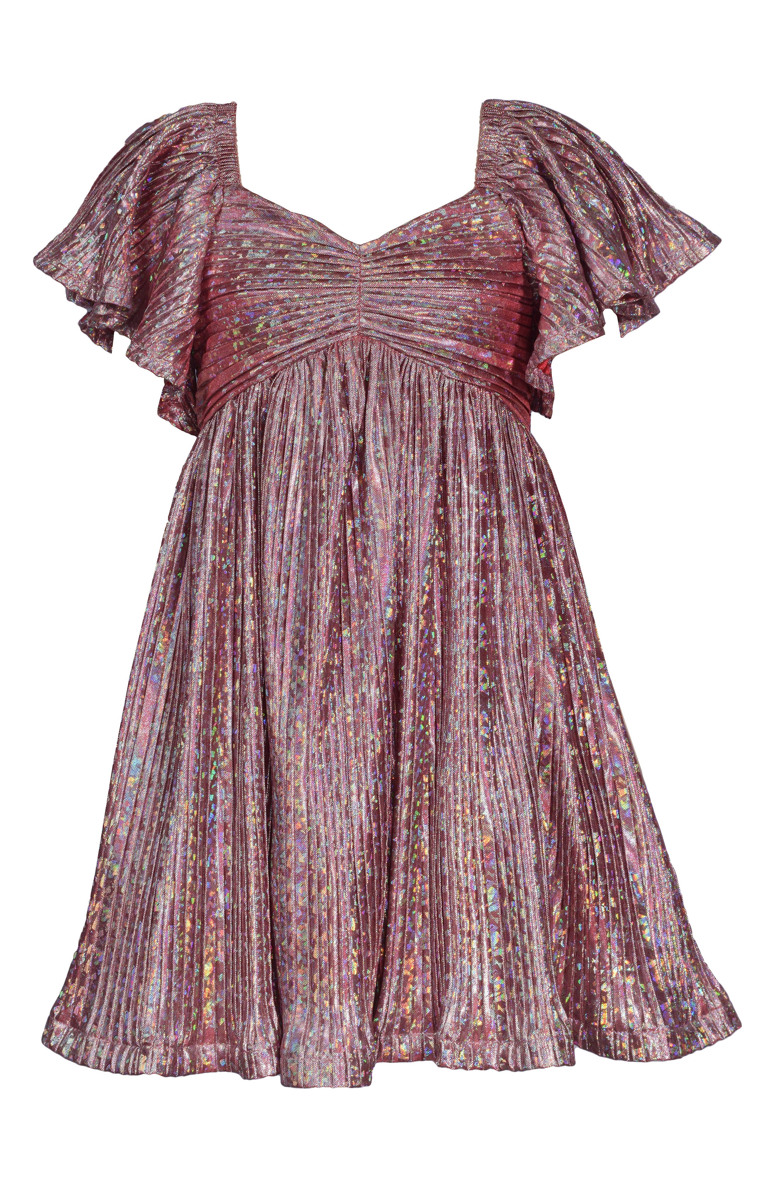 Iris & Ivy Kids' Flutter Sleeve Metallic Boudre Party Dress in Rose 