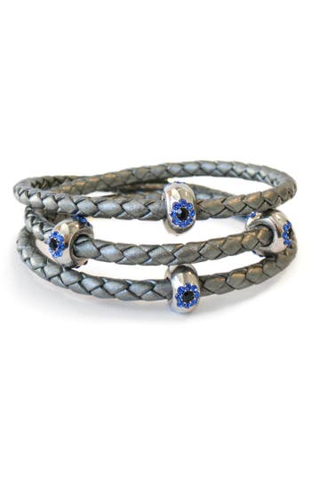 Shop Liza Schwartz Cz Evil Eye Braided Leather Wrap Bracelet In Silver/grey