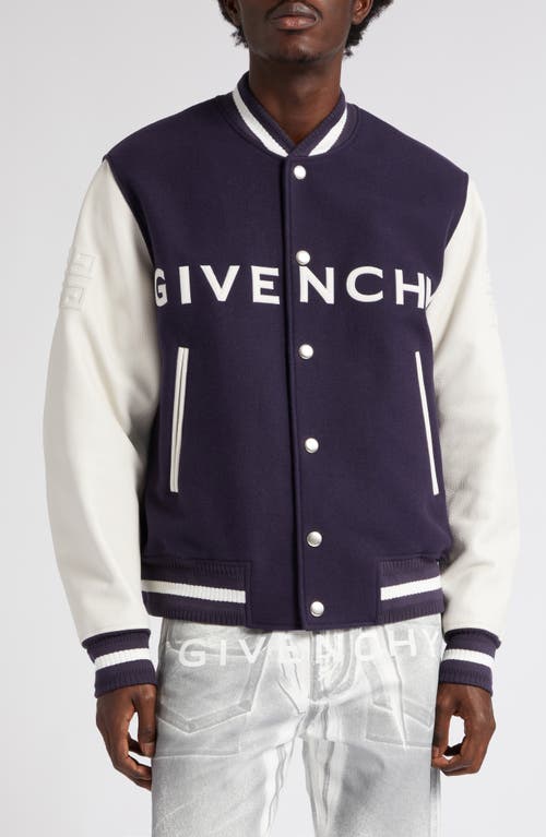 Givenchy Embroidered Logo Mixed Media Leather & Wool Blend Varsity Jacket In Navy/white