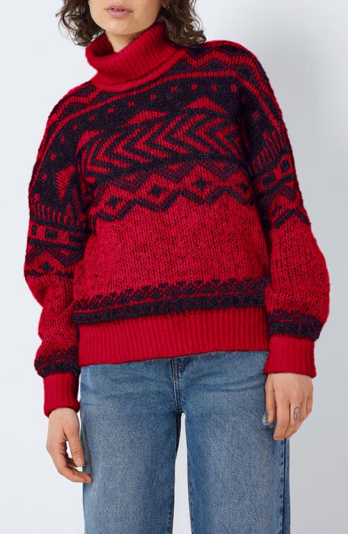 Noisy may Share Fair Isle Turtleneck Sweater in Racing Redpatternblack 