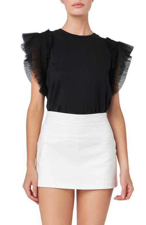 English Factory Mix Media Flutter Sleeve Knit Top Black at Nordstrom,