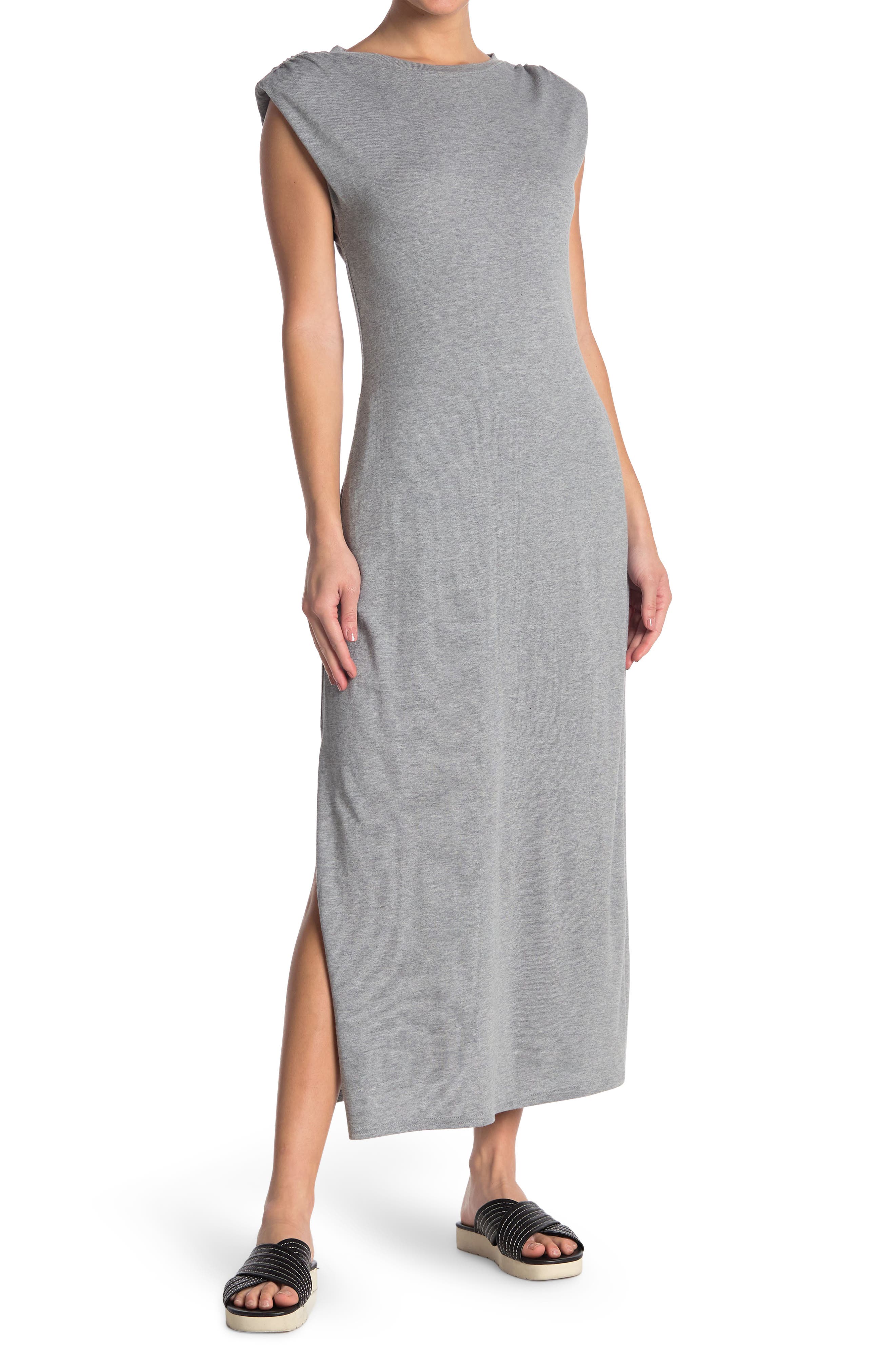 Click to view more detailed imagery on our partner's website Melloday Padded Shoulder Cozy Midi Dress In Heather Grey