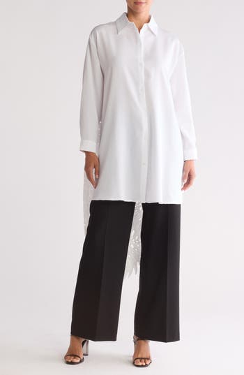 Patrizia Luca Embroidered Eyelet Split Back Button-up Tunic Shirt In White