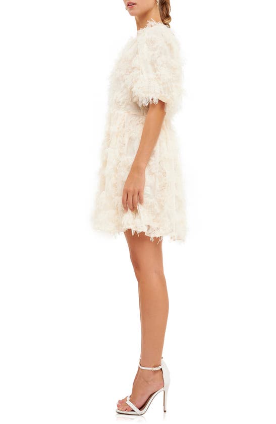 Shop Endless Rose Feathered Mesh Puff Sleeve Minidress In Cream