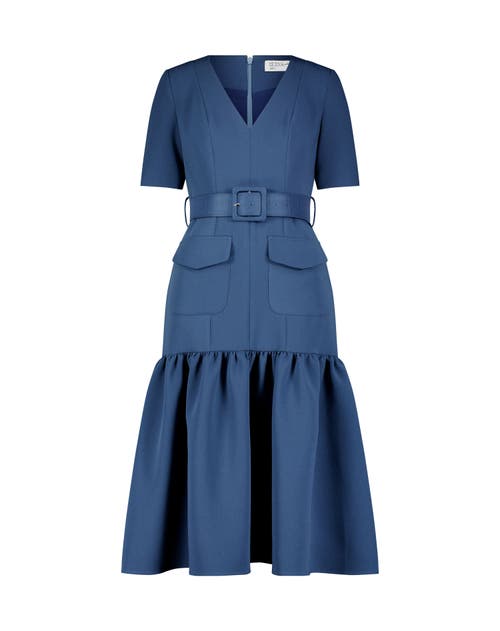 Shop Mac Duggal Crepe 3/4 Sleeve Belted And Pocketed Midi Dress In Deep Blue