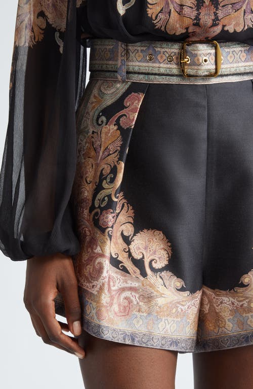 Shop Zimmermann Illustration Tuck Belted Silk & Cotton Shorts In Black Paisley