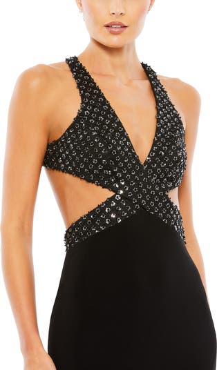 Mac Duggal Sequin Plunging V Halter Neck Sleeveless Sheath Gown