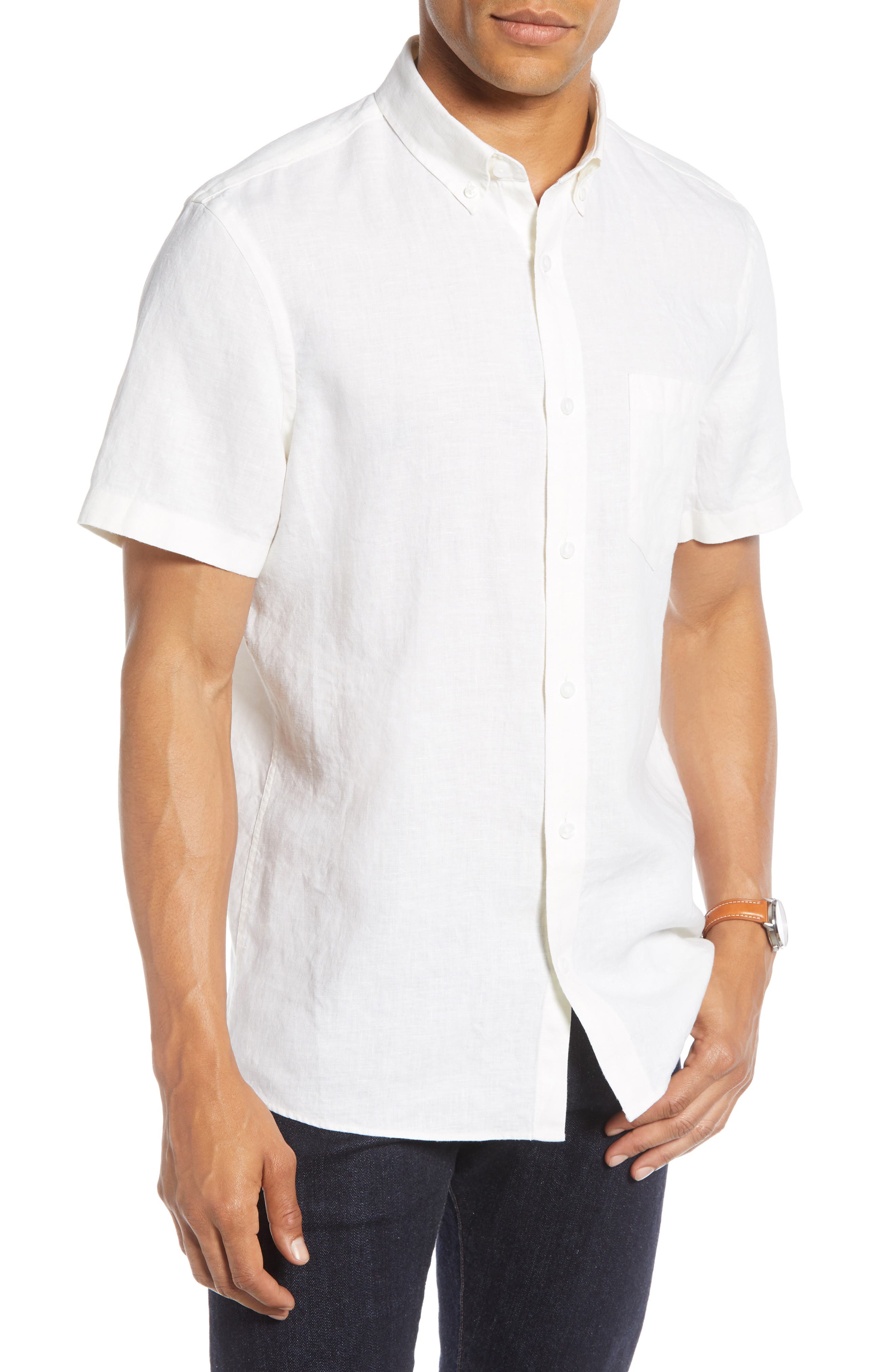 mens slim fit short sleeve linen shirt