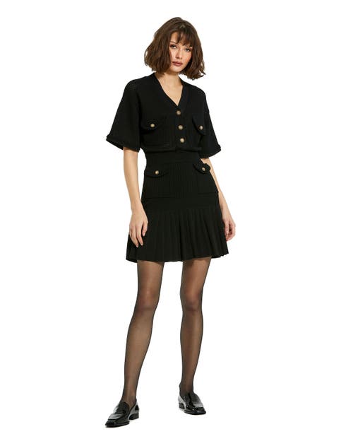 Mac Duggal Short Sleeve Pleated Hem Detail Button Up Sweater Dress In Black