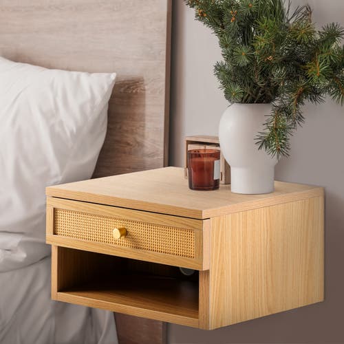 Jonathan Y Celerie Mid-century Modern Floating Wall Mounted Nightstand With Soft-close Rattan Drawer In Light Oak