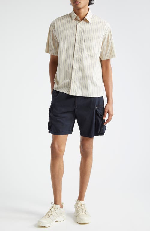 Shop John Elliott Stripe Short Sleeve Cotton Poplin Button-up Shirt In Tan X Blue