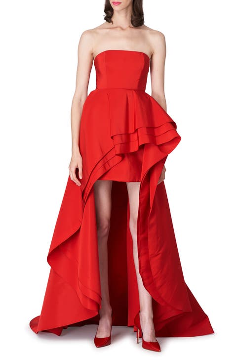 Strapless Tiered Ruffle High-Low Silk Gown