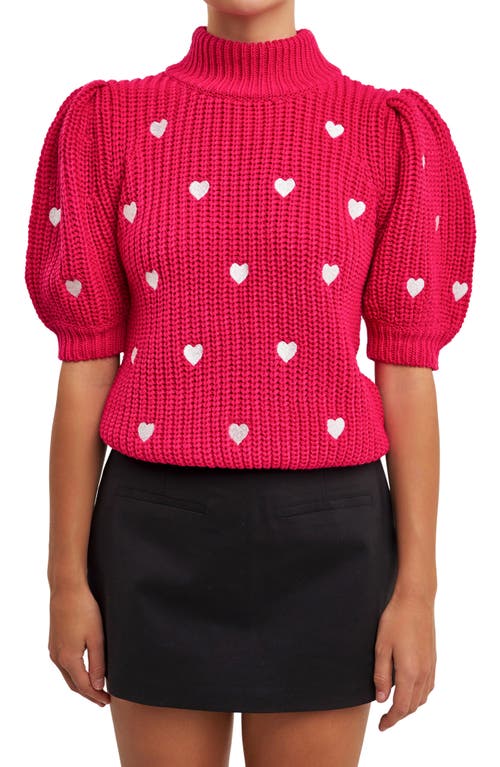 English Factory Heart Embroidered Puff Sleeve Sweater In Red