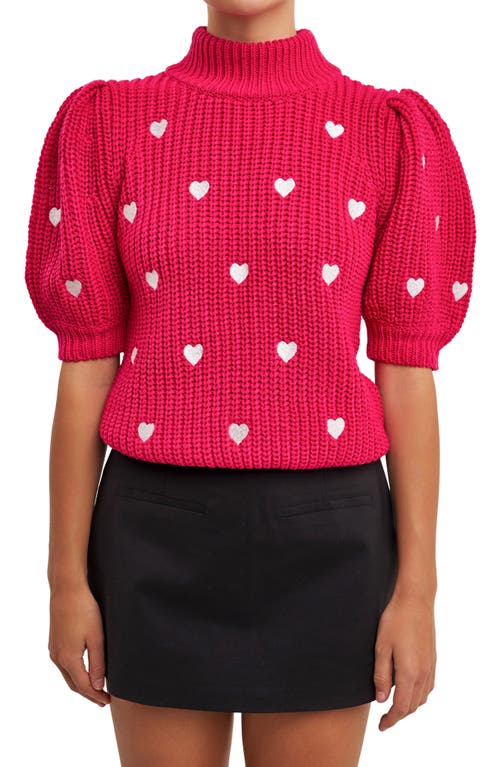 Shop English Factory Heart Embroidered Puff Sleeve Sweater In Fuchsia/white