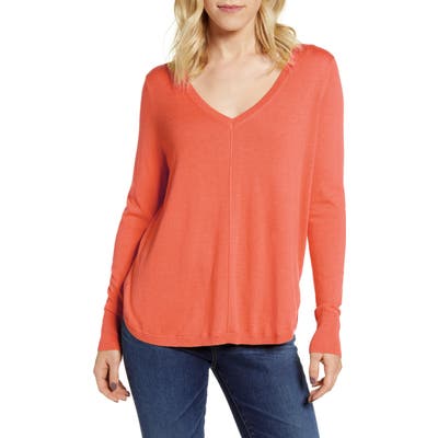 Caslon High-Low V-Neck Sweater, Red