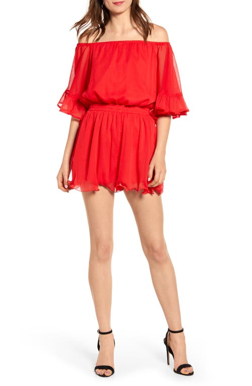 Off the Shoulder Ruffle Sleeve Romper in Red