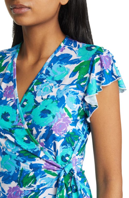 Shop Loveappella Floral Flutter Sleeve Knit Wrap Top In Aqua/violet