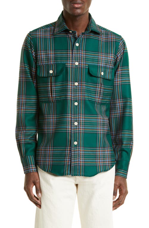Drake's Plaid Cotton Flannel Button-Up Work Shirt in Green Check