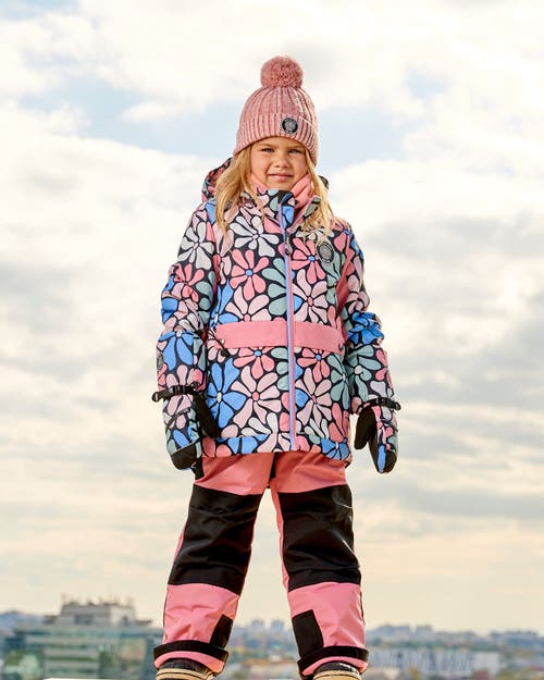 DEUX PAR DEUX DEUX PAR DEUX GIRL'S TWO PIECE SNOWSUIT PRINTED RETRO FLOWERS WITH PINK 