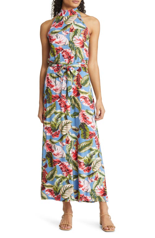 Loveappella Palm Print Tie Waist Halter Knit Maxi Dress Denim at Nordstrom,