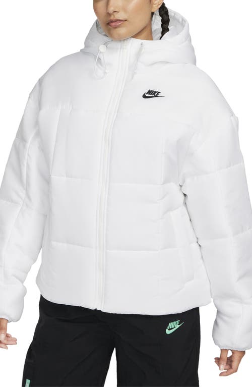 Nike Sportswear Classic Therma-fit Hooded Water Repellent Puffer Jacket In White/black