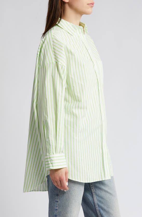 Topshop Oversize Stripe Cotton Button-up Shirt In Medium Green